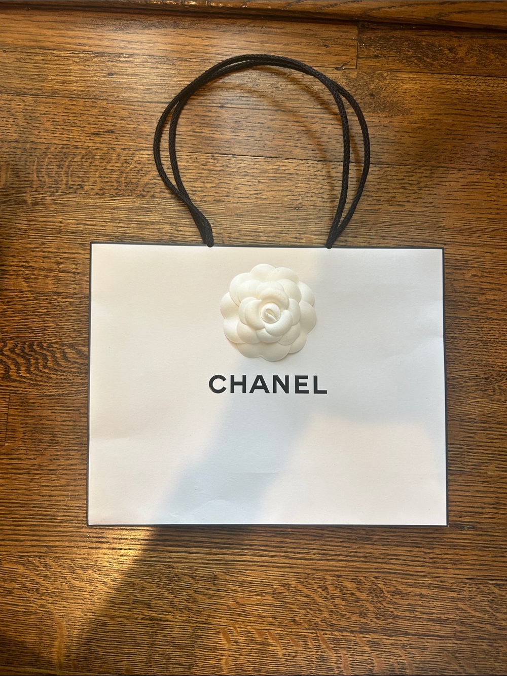 CHANEL White Paper Bag with Black Rope Handles and Camellia
